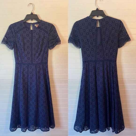 Cremieux Floral Embroidered Eyelet Cotton Navy Dress NWT Size 0 - Picture 1 of 8